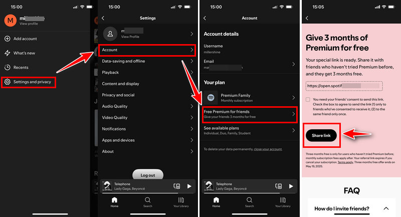 steps to share spotify premium free 3 months to friend