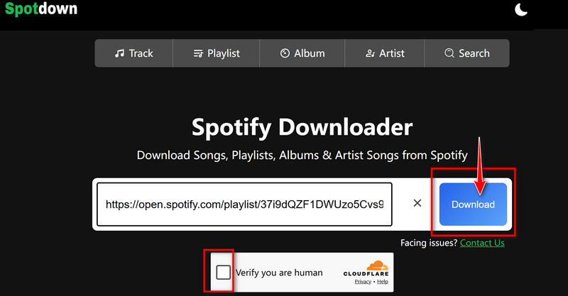 pasting a spotify playlist link into spotdown