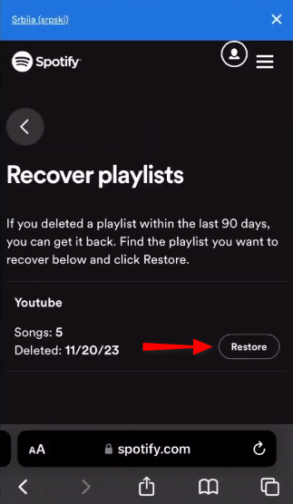 tap to restore spotify playlist