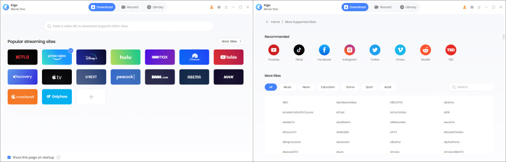 main interface of kigo movie one