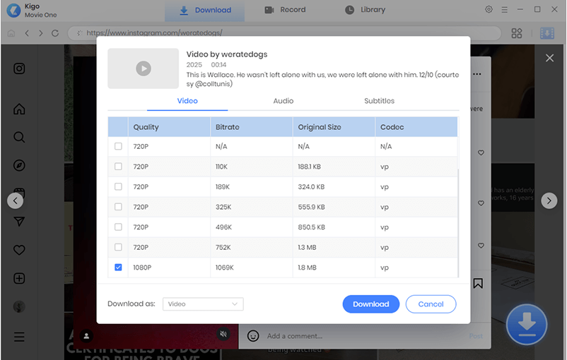 select ins video to download