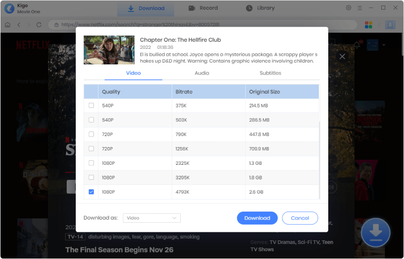 select episode and settings to download