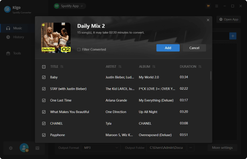select spotify songs