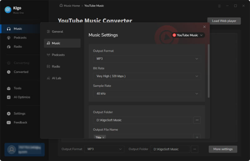 adjust music settings, set output as MP3